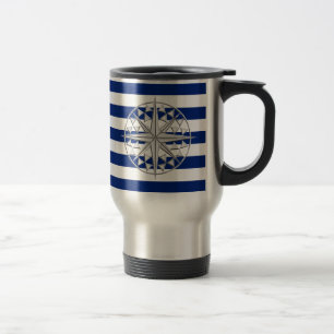 Chrome Like Compass on Nautical Stripes Travel Mug