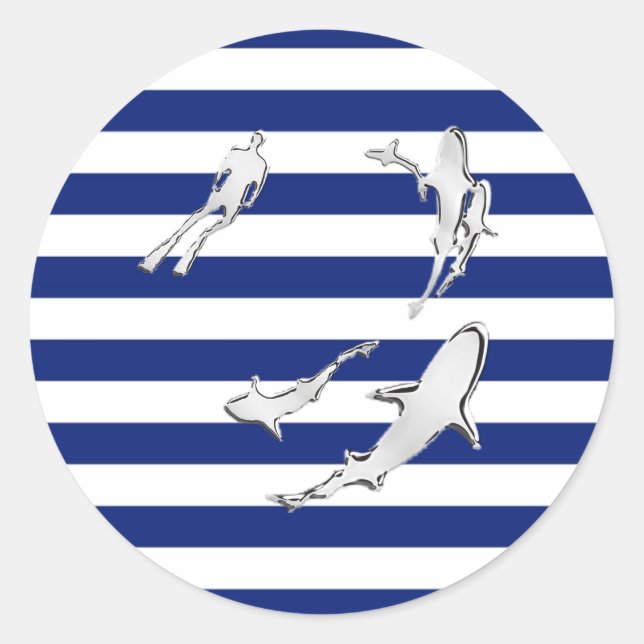 Chrome Like Diver and Sharks on Nautical Stripes Classic Round Sticker (Front)