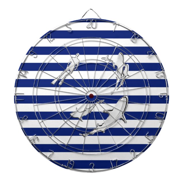 Chrome Like Diver and Sharks on Nautical Stripes Dartboard (Front)