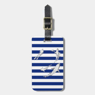 Chrome Like Diver and Sharks on Nautical Stripes Luggage Tag