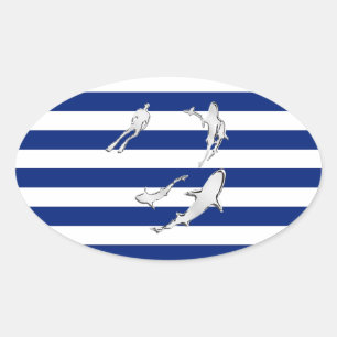 Chrome Like Diver and Sharks on Nautical Stripes Oval Sticker