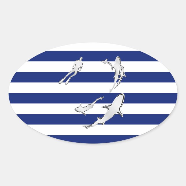 Chrome Like Diver and Sharks on Nautical Stripes Oval Sticker (Front)
