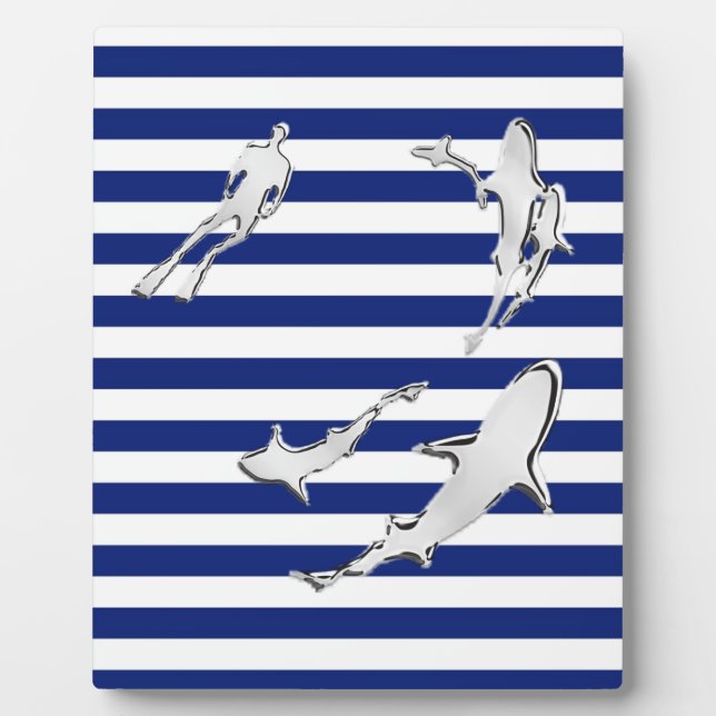 Chrome Like Diver and Sharks on Nautical Stripes Plaque (Front)