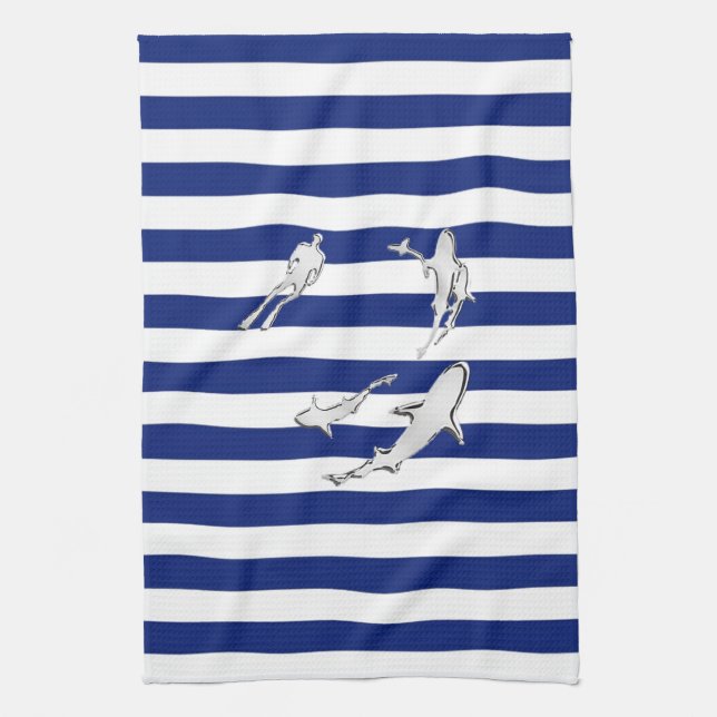 Chrome Like Diver and Sharks on Nautical Stripes Tea Towel (Vertical)