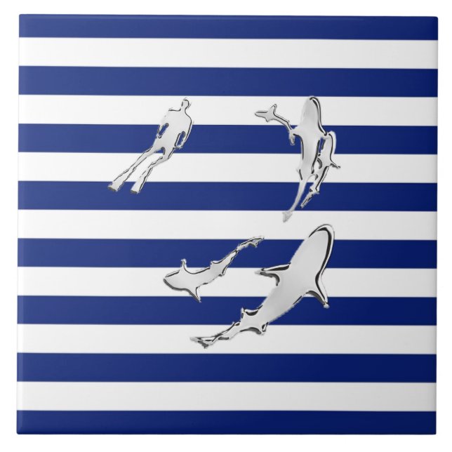 Chrome Like Diver and Sharks on Nautical Stripes Tile (Front)