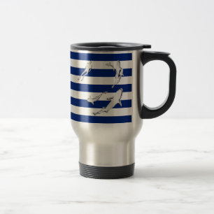 Chrome Like Diver and Sharks on Nautical Stripes Travel Mug
