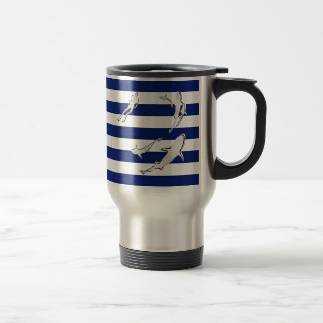 Chrome Like Diver and Sharks on Nautical Stripes Travel Mug (Right)