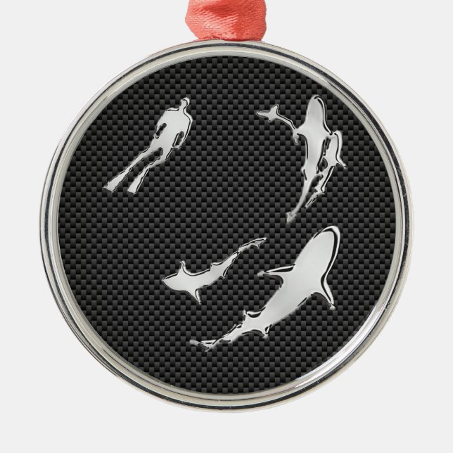 Chrome Like Diver with Sharks on Carbon Fiber Metal Tree Decoration (Front)
