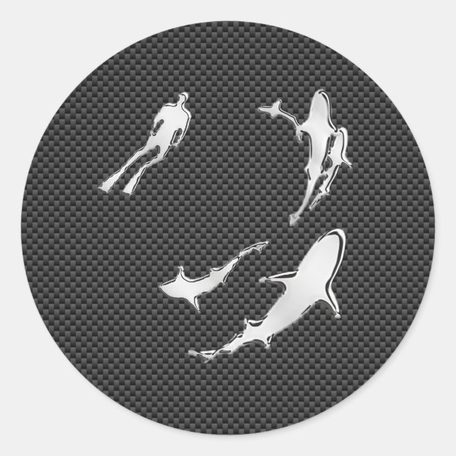 Chrome Like Diver with Sharks on Carbon Fibre Classic Round Sticker (Front)