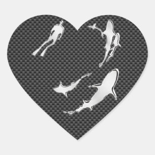 Chrome Like Diver with Sharks on Carbon Fibre Heart Sticker