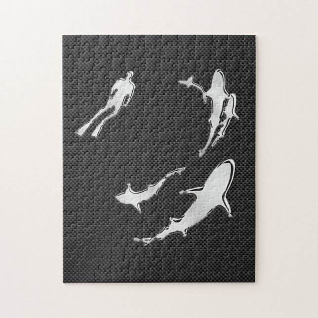 Chrome Like Diver with Sharks on Carbon Fibre Jigsaw Puzzle (Vertical)