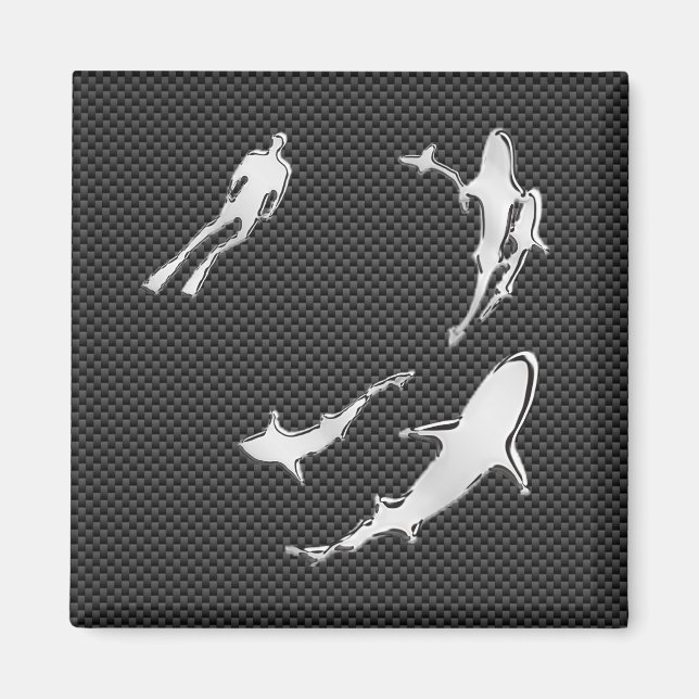 Chrome Like Diver with Sharks on Carbon Fibre Magnet (Front)