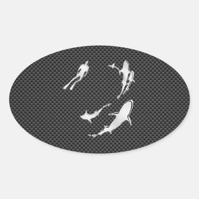 Chrome Like Diver with Sharks on Carbon Fibre Oval Sticker (Front)