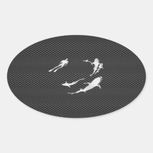 Chrome Like Diver with Sharks on Carbon Fibre Oval Sticker