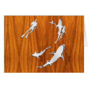 Chrome Like Diver with Sharks on Teak Veneer