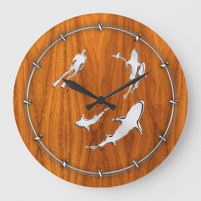 Chrome Like Diver with Sharks on Teak Veneer Large Clock (Front)