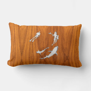 Chrome Like Diver with Sharks on Teak Veneer Lumbar Cushion