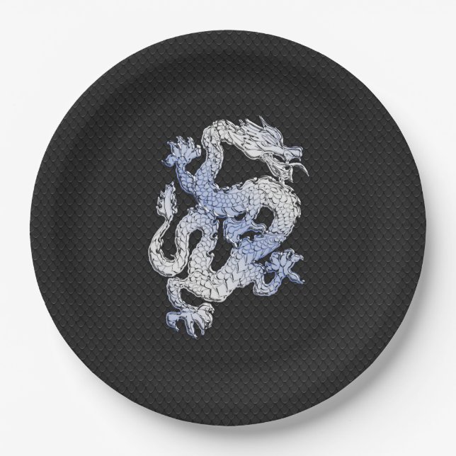 Chrome like Dragon on Black Snake Skin Print Paper Plate (Front)