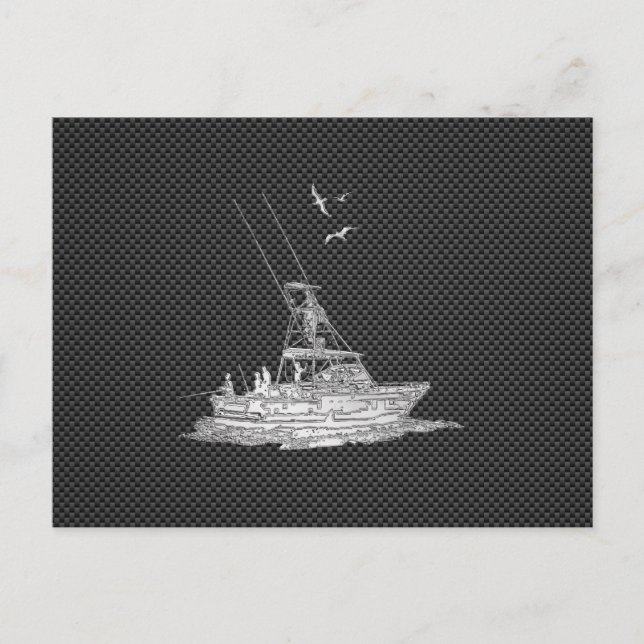 Chrome Like Fishing Boat on Carbon Fiber Postcard (Front)