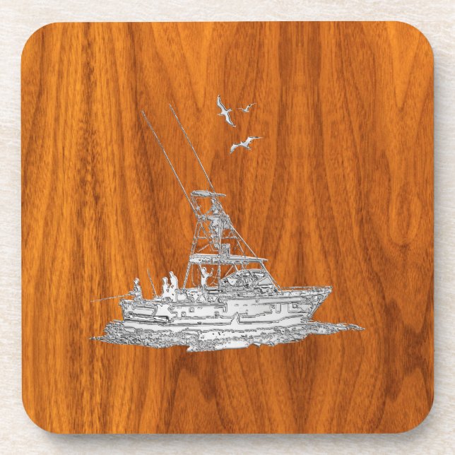 Chrome Like Fishing Boat on Teak Wood Coaster (Front)