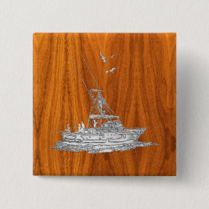 Chrome Like Fishing Boat on Teak Wood Decor 15 Cm Square Badge