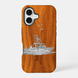 Chrome Like Fishing Boat on Teak Wood Decor iPhone 16 Case