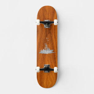 Chrome Like Fishing Boat on Teak Wood Decor Skateboard