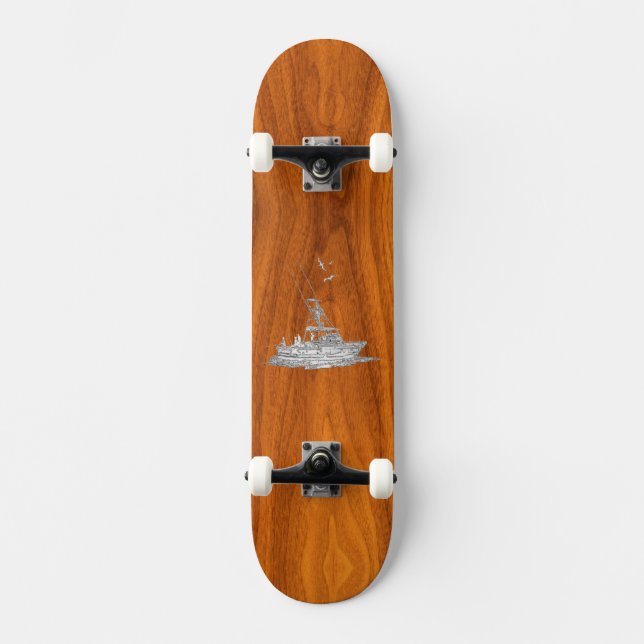 Chrome Like Fishing Boat on Teak Wood Decor Skateboard (Front)