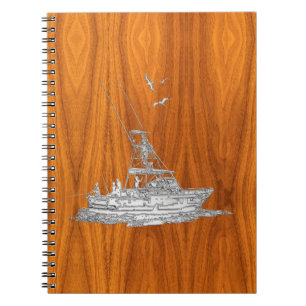 Chrome Like Fishing Boat on Teak Wood Notebook