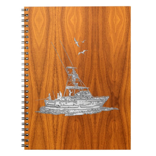 Chrome Like Fishing Boat on Teak Wood Notebook (Front)