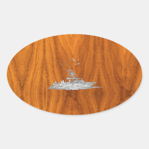 Chrome Like Fishing Boat on Teak Wood Oval Sticker