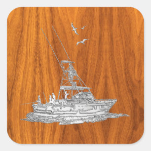 Chrome Like Fishing Boat on Teak Wood Square Sticker
