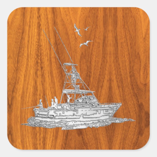 Chrome Like Fishing Boat on Teak Wood Square Sticker (Front)