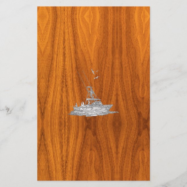 Chrome Like Fishing Boat on Teak Wood Stationery (Front)