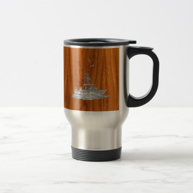 Chrome Like Fishing Boat on Teak Wood Travel Mug (Right)