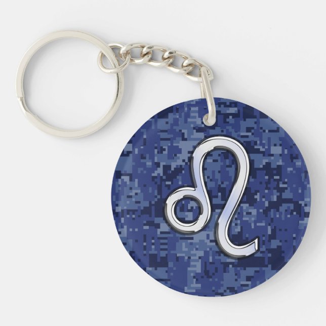 Chrome Like Leo Sign on Navy Blue Digital Camo Key Ring (Front)