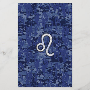 Chrome Like Leo Sign on Navy Blue Digital Camo Stationery