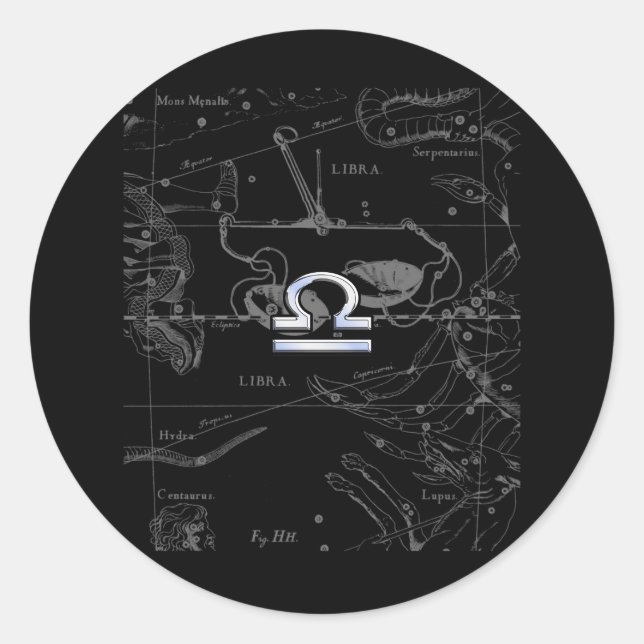 Chrome like Libra Zodiac Sign on Hevelius Classic Round Sticker (Front)