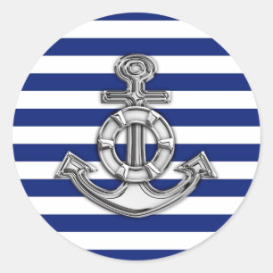 Chrome Like Lifesaver on Nautical Stripes Classic Round Sticker