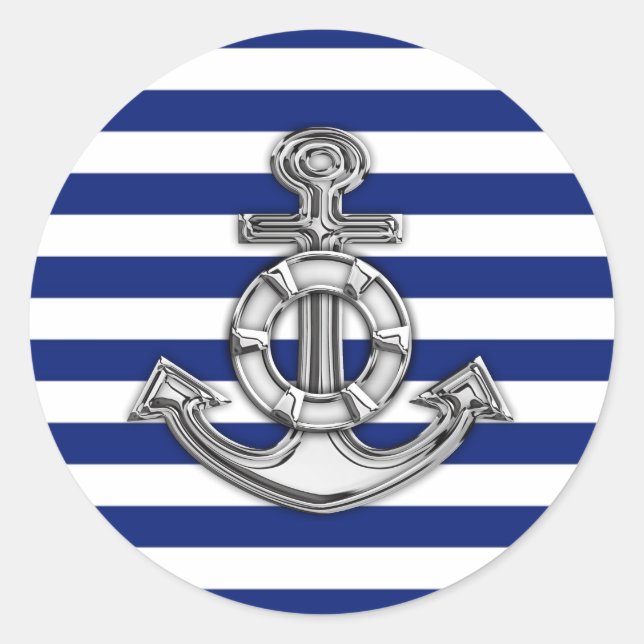 Chrome Like Lifesaver on Nautical Stripes Classic Round Sticker (Front)