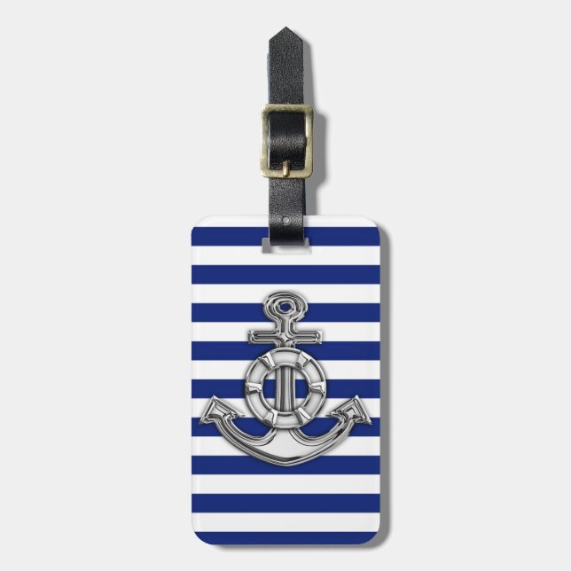Chrome Like Lifesaver on Nautical Stripes Luggage Tag (Front Vertical)