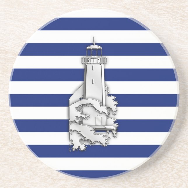 Chrome Like Lighthouse on Nautical Stripes Coaster (Front)