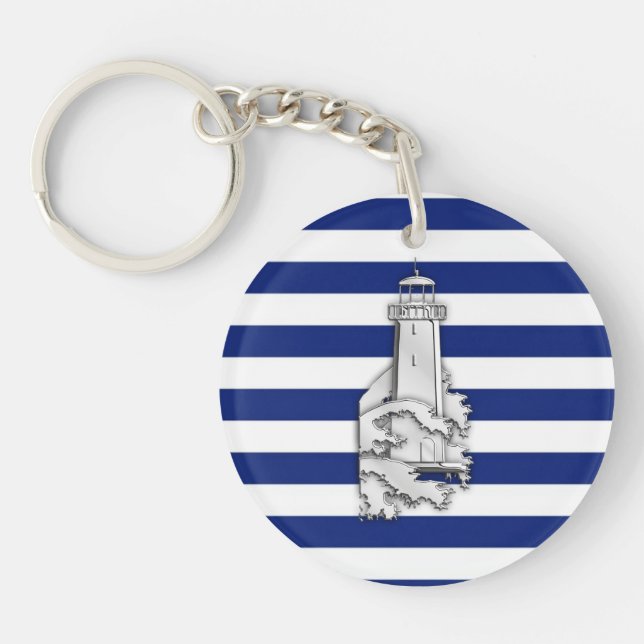 Chrome Like Lighthouse on Nautical Stripes Key Ring (Front)