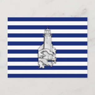 Chrome Like Lighthouse on Nautical Stripes Postcard