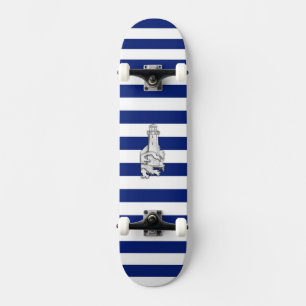 Chrome Like Lighthouse on Nautical Stripes Skateboard