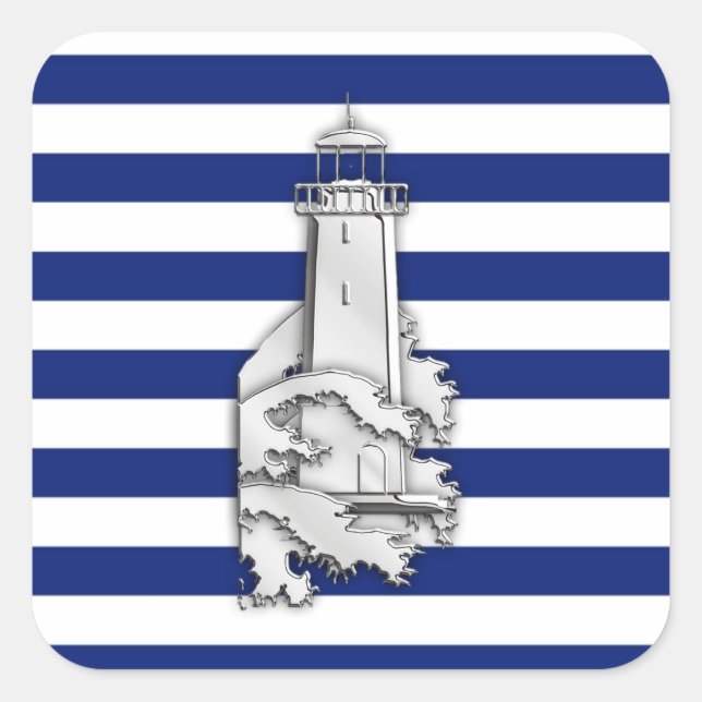 Chrome Like Lighthouse on Nautical Stripes Square Sticker (Front)