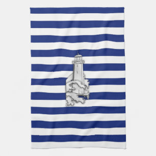 Chrome Like Lighthouse on Nautical Stripes Tea Towel
