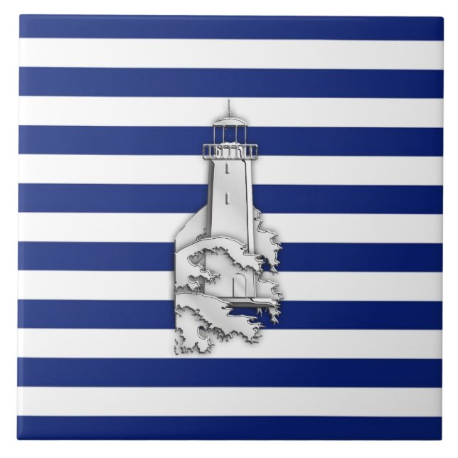 Chrome Like Lighthouse on Nautical Stripes Tile (Front)