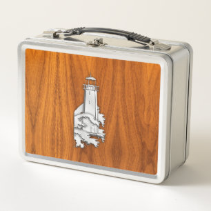 Chrome Like Lighthouse on Teak Wood Metal Lunch Box