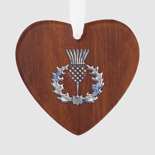 Chrome Like Mahogany Wood Grain Scottish Thistle Ornament (Front)